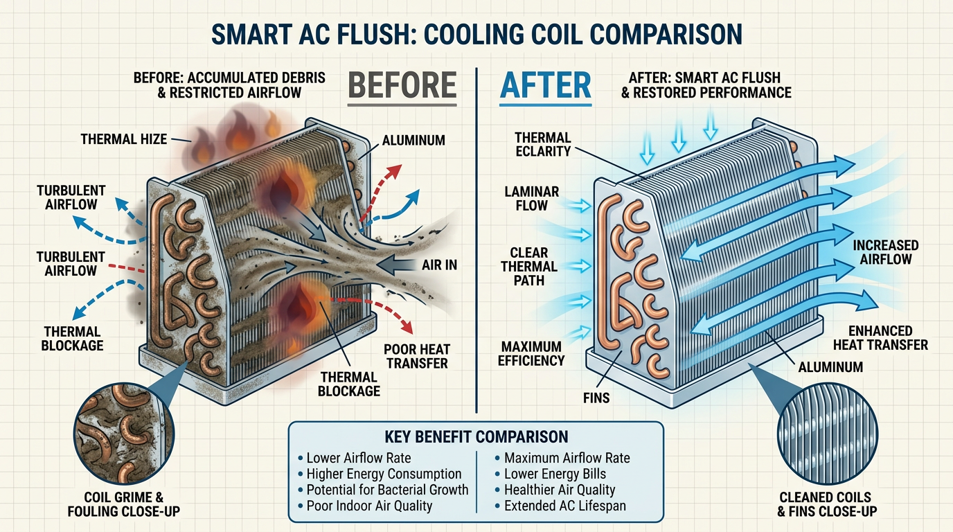 Diagram comparing AC internal coil thermal transfer before and after AC Flush by EnviroTemp treatment