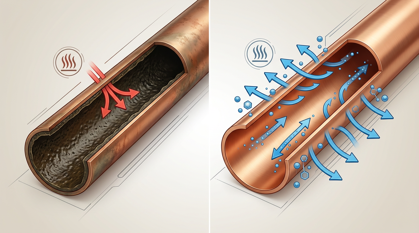 Technical diagram showing internal copper pipe oil fouling restoration before and after AC Flush by EnviroTemp
